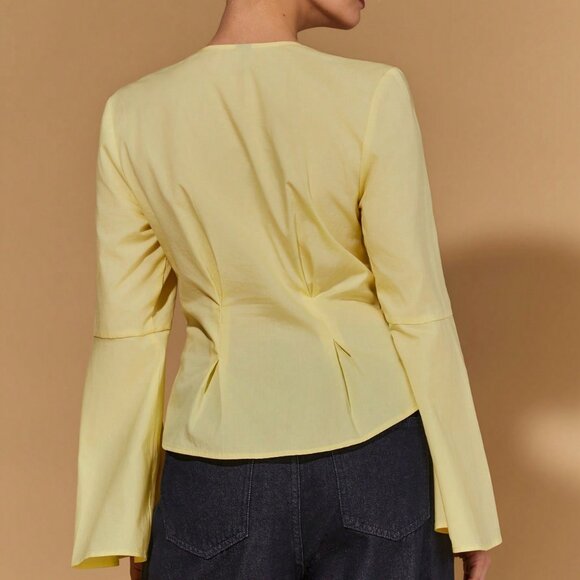 Light Yellow Elegant Women's Deep V-Neck Flare Sleeve Blouse - Picture 2 of 7